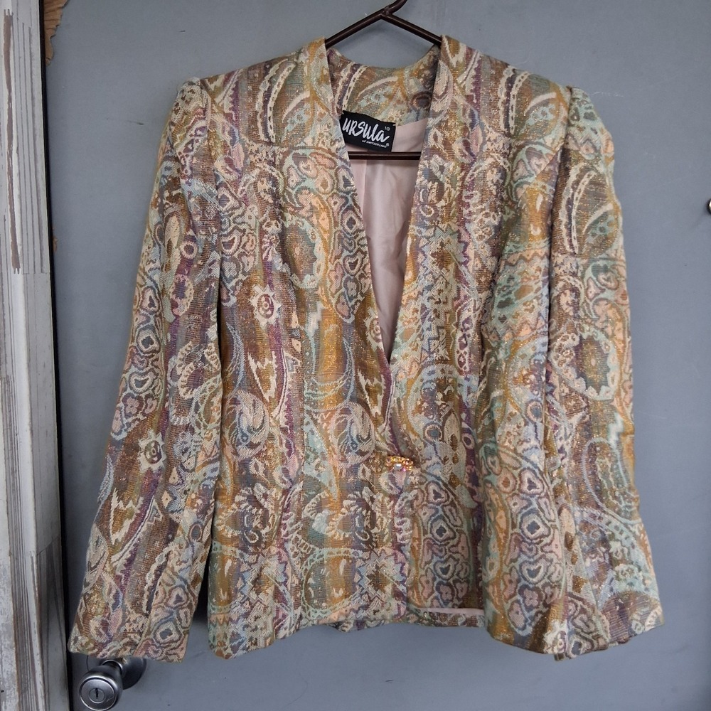 Vintage 80s 90s Iridescent Rainbow Paisley AOP Blazer 10 EUC Rhinestone Pearl...